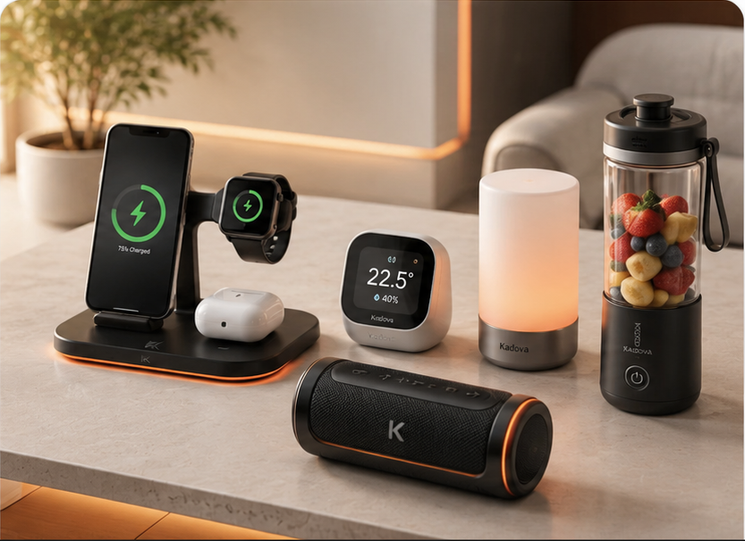 Kadova Smart Living – kabelloses Ladegerät, Smartwatch, Earbuds, Lautsprecher, Smart-Sensor, Ambient-Lampe und tragbarer Mixer